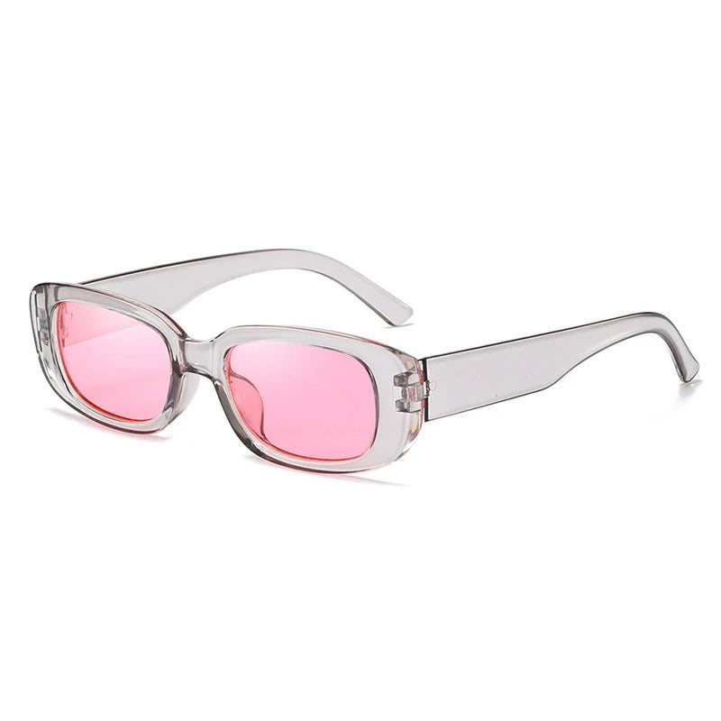 Light grey rectangular frame with pink lens techno festival sunglasses