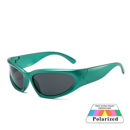 green oval frame black lens techno sunglasses