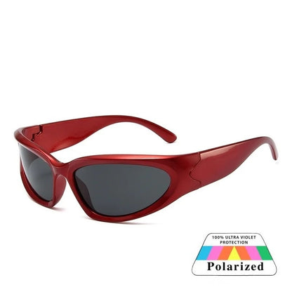 red oval frame black lens techno sunglasses