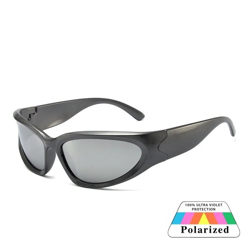 metallic oval frame silver lens techno sunglasses