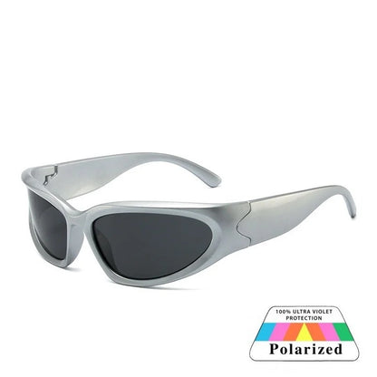 silver oval frame black lens techno sunglasses