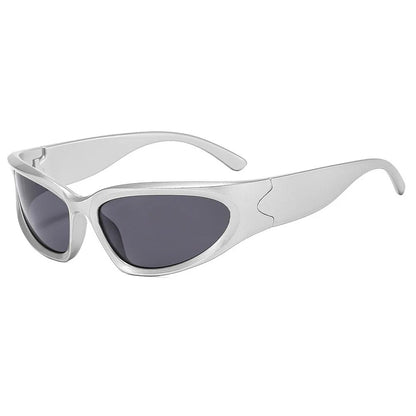 silver oval frame with black lens techno sunglasses