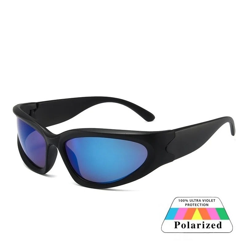 black oval frame blue lens techno sunglasses