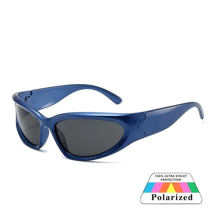 blue oval frame black lens techno sunglasses