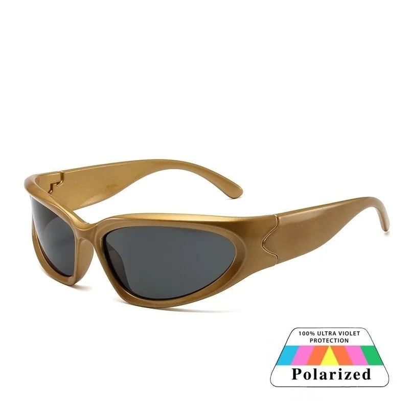 gold oval frame black lens techno sunglasses