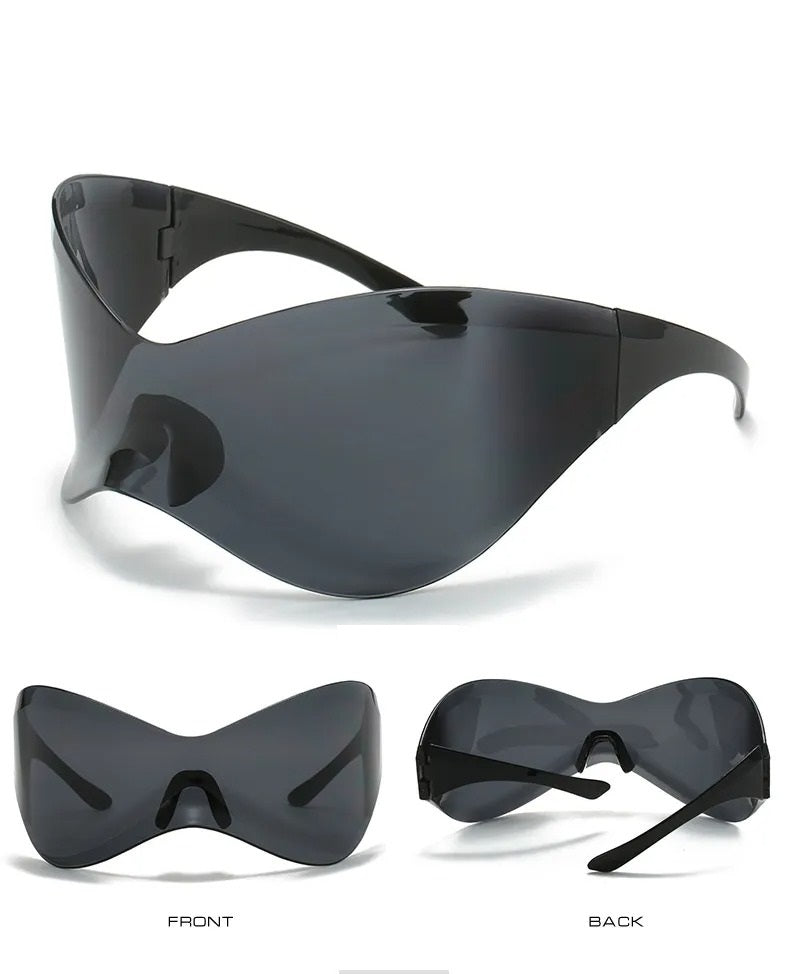 front rear and side view of black visor techno sunglasses