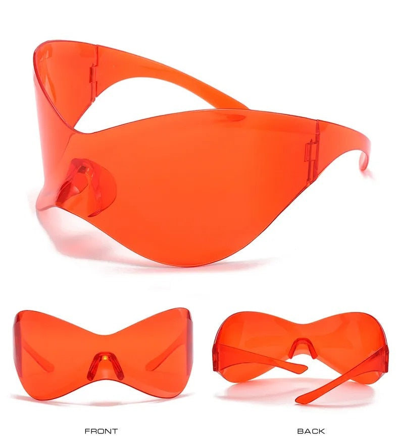 front rear and side view of red visor techno sunglasses