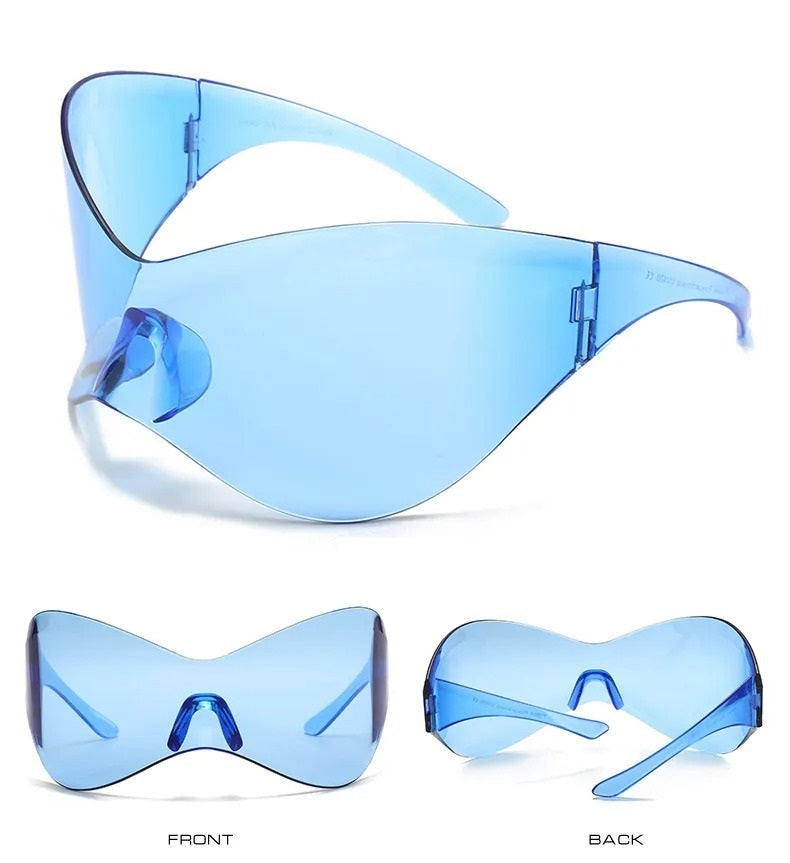 front rear and side view of blue visor techno sunglasses