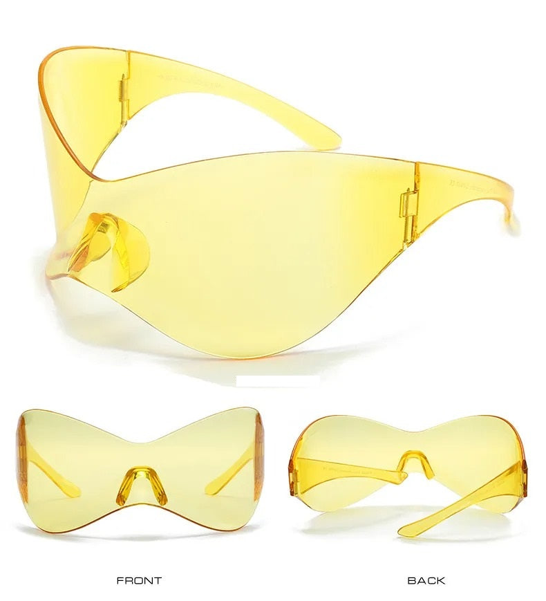 front rear and side view of yellow visor techno sunglasses