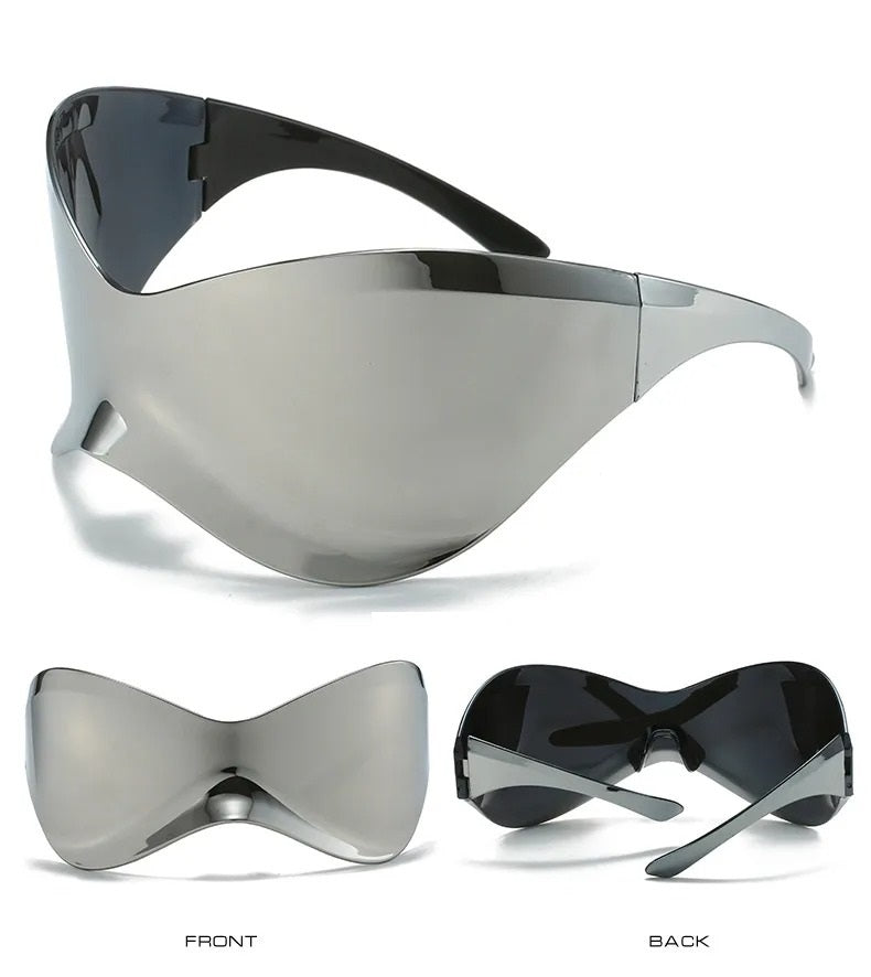 front rear and side view of silver visor techno sunglasses