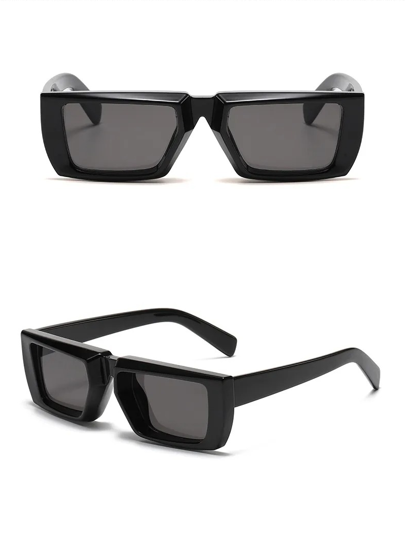 front and side view black rectangular techno sunglasses