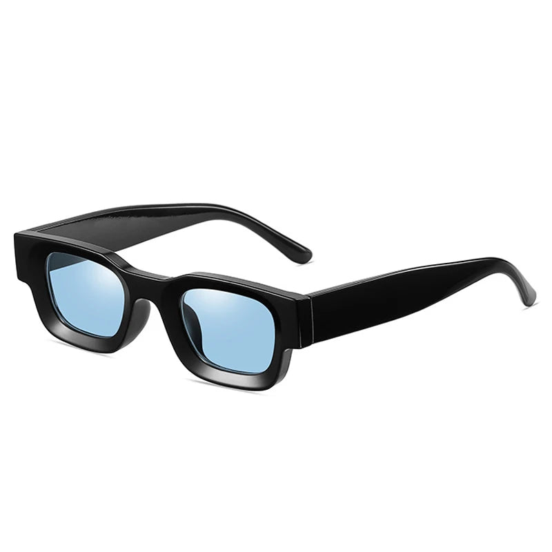 black rounded frame with blue lens techno festival sunglasses