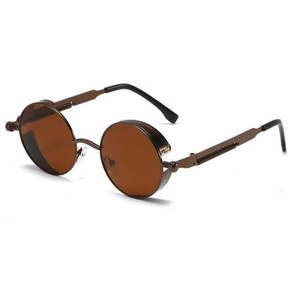 front view of brown round frame with brown lens techno sunglasses