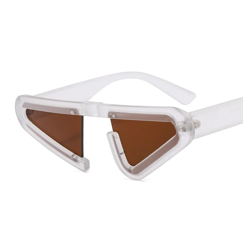 front view futuristic clear white cat eye frame shape sunglasses with brown lens techno rave sunglasses