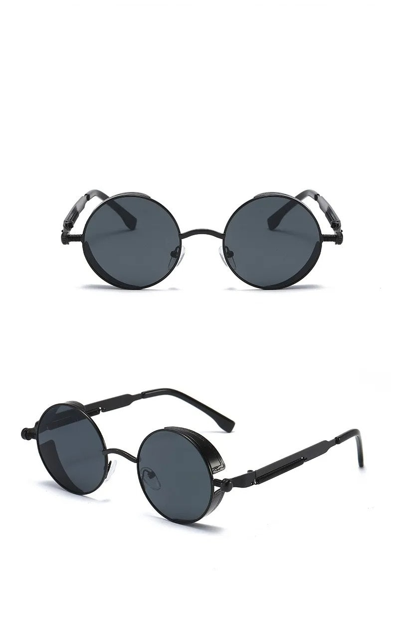 front view and side view of black round frame with black lens techno sunglasses