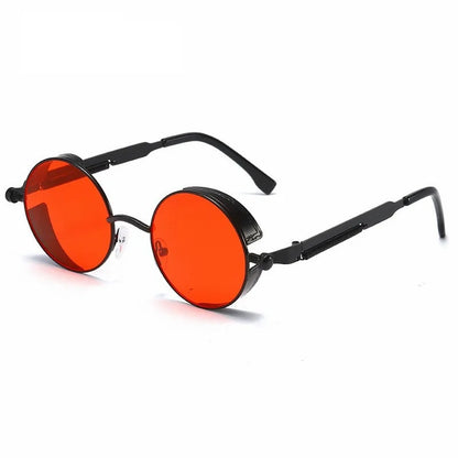 front view of black round frame with red lens techno sunglasses