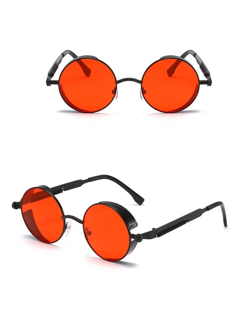 front view and side view of black round frame with red lens techno sunglasses