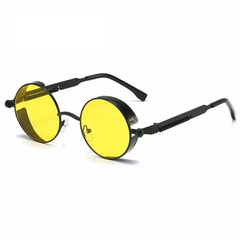 front view of black round frame withyellow lens techno sunglasses