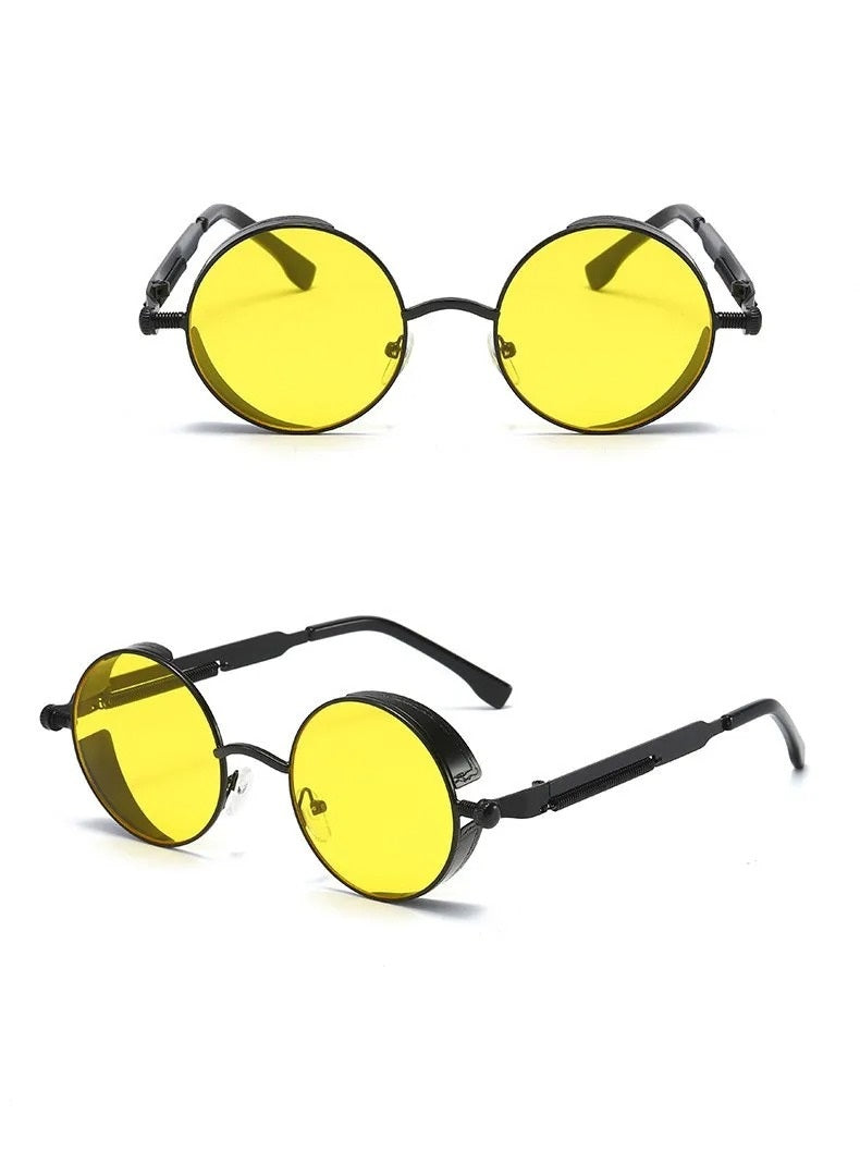 front view and side view of black round frame with yellow lens techno sunglasses