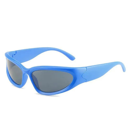 blue oval frame with black lens techno sunglasses