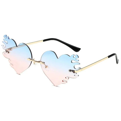 blue and pink flaming heart shape sunglasses frame for techno rave sunglasses