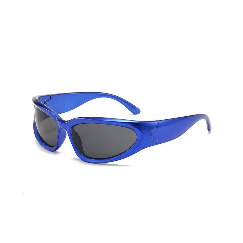 dark blue oval frame with black lens techno sunglasses