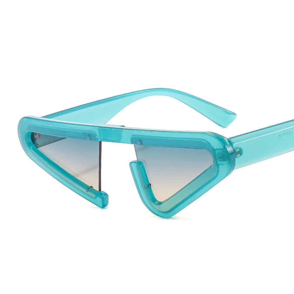 front view futuristic light blue cat eye frame shape sunglasses with graded grey lens techno rave sunglasses