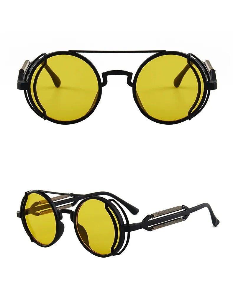 front and side view black round frame yellow lens techno rave sunglasses