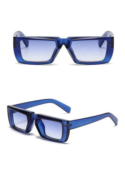 front and side view blue rectangular techno sunglasses