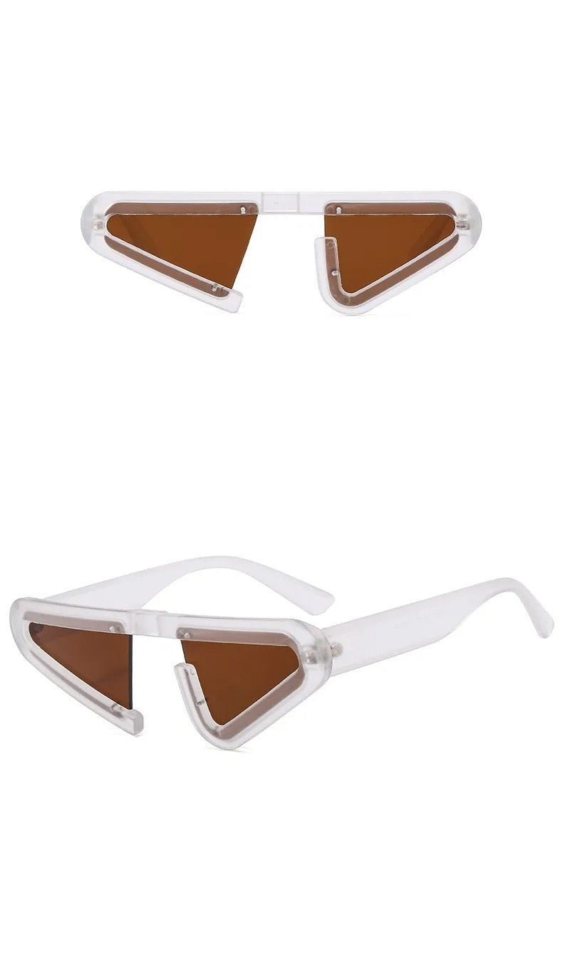 d side view futuristic clear white cat eye frame shape sunglasses witfront view anh brown lens techno rave sunglasses