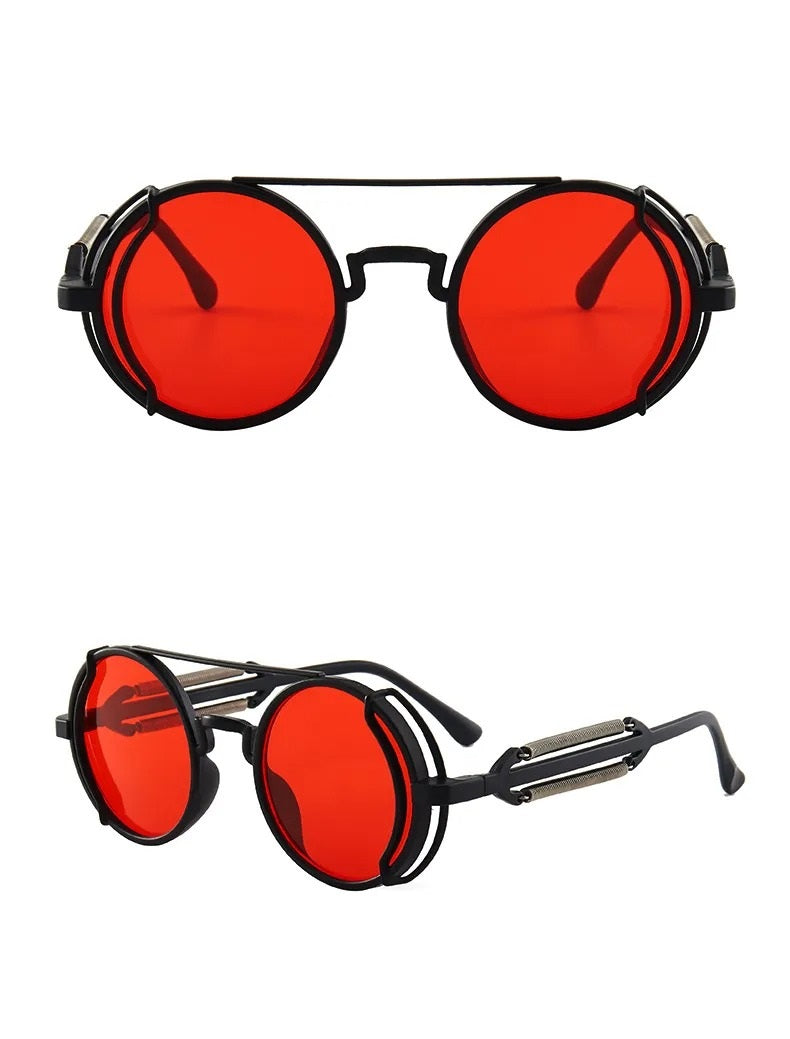 front and side view black round frame red lens techno rave sunglasses