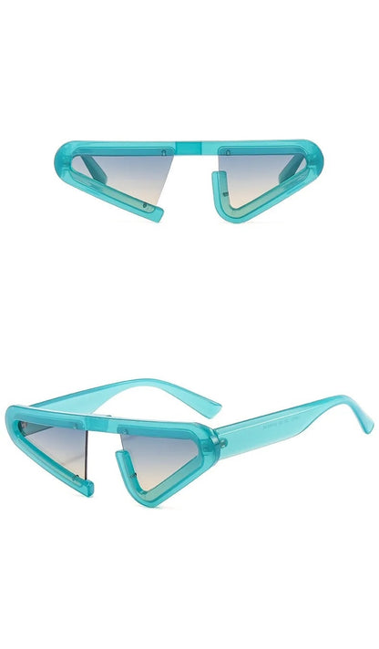 front view and side view futuristic light blue cat eye frame shape sunglasses with graded grey lens techno rave sunglasses