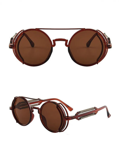 front and side view brown round frame brown lens techno rave sunglasses