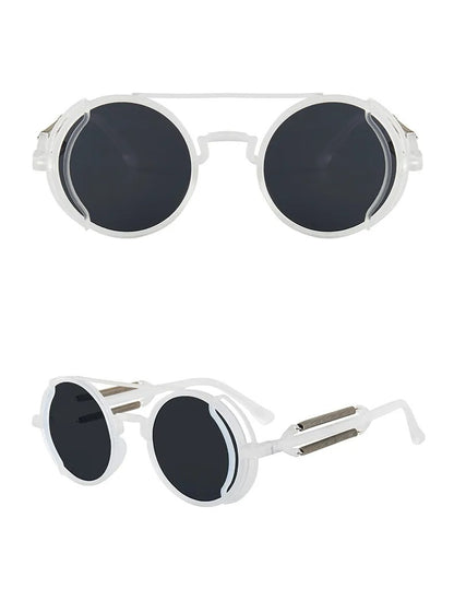 front and side view white round frame black lens techno rave sunglasses