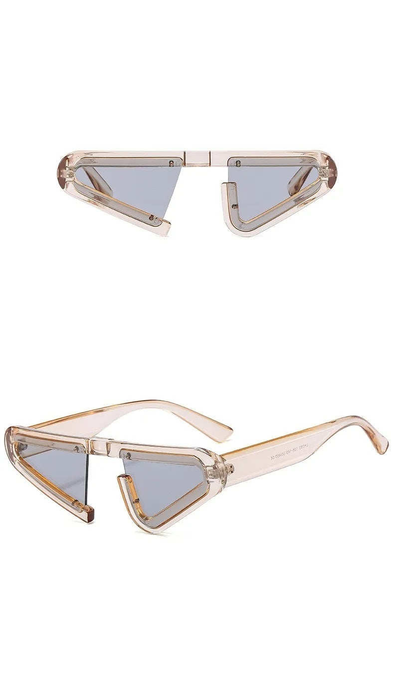 front view and side view of futuristic clear champagne cat eye frame shape sunglasses with grey lens techno rave sunglasses