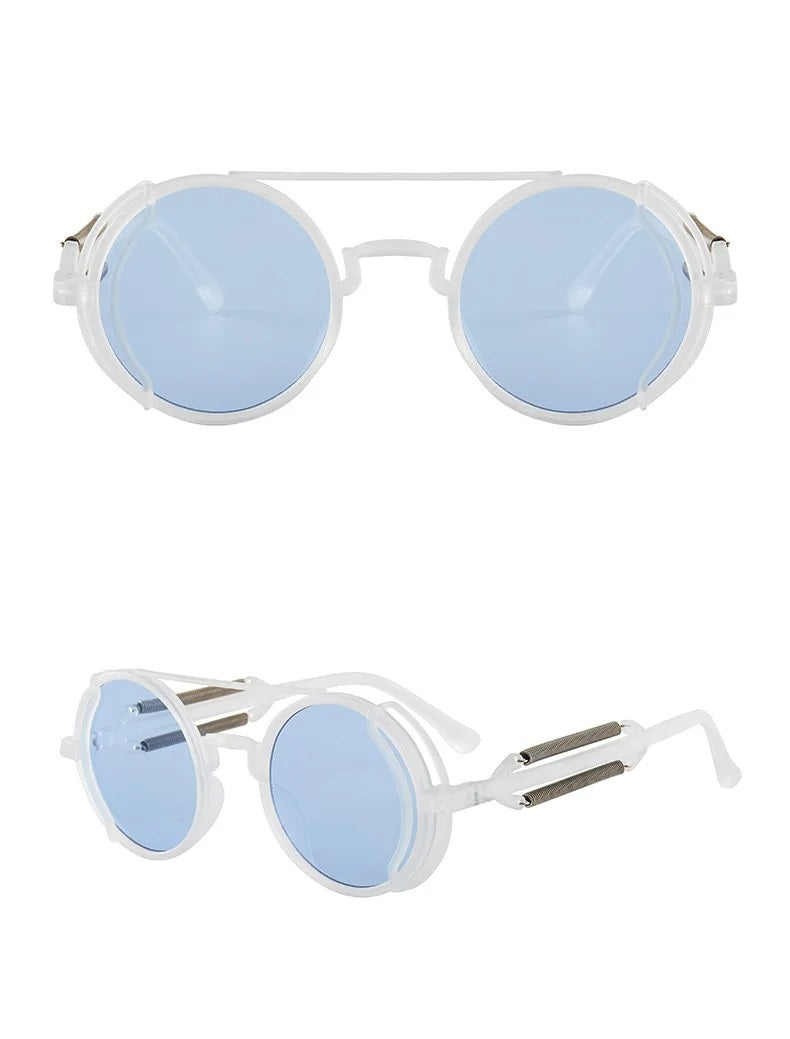 front and side view white round frame lught blue lens techno rave sunglasses