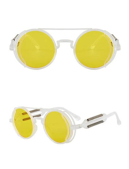 front and side view white round frame yellow lens techno rave sunglasses