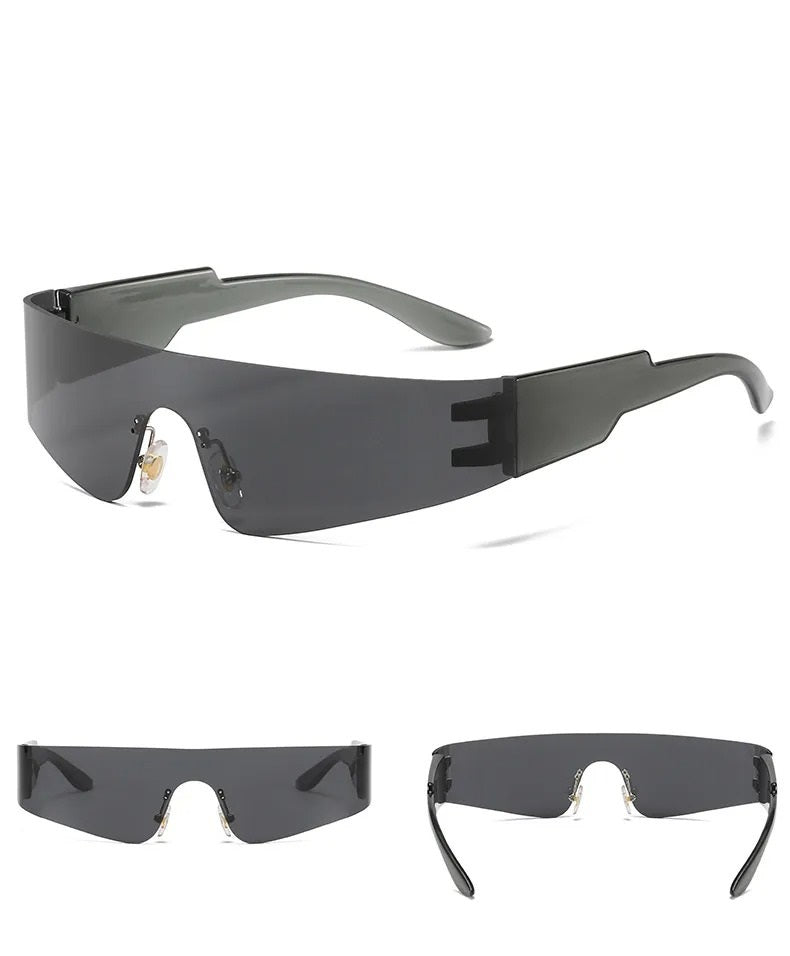 front view rear view and side view of black visor and black frame techno sunglasses