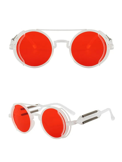 front and side view white round frame red lens techno rave sunglasses