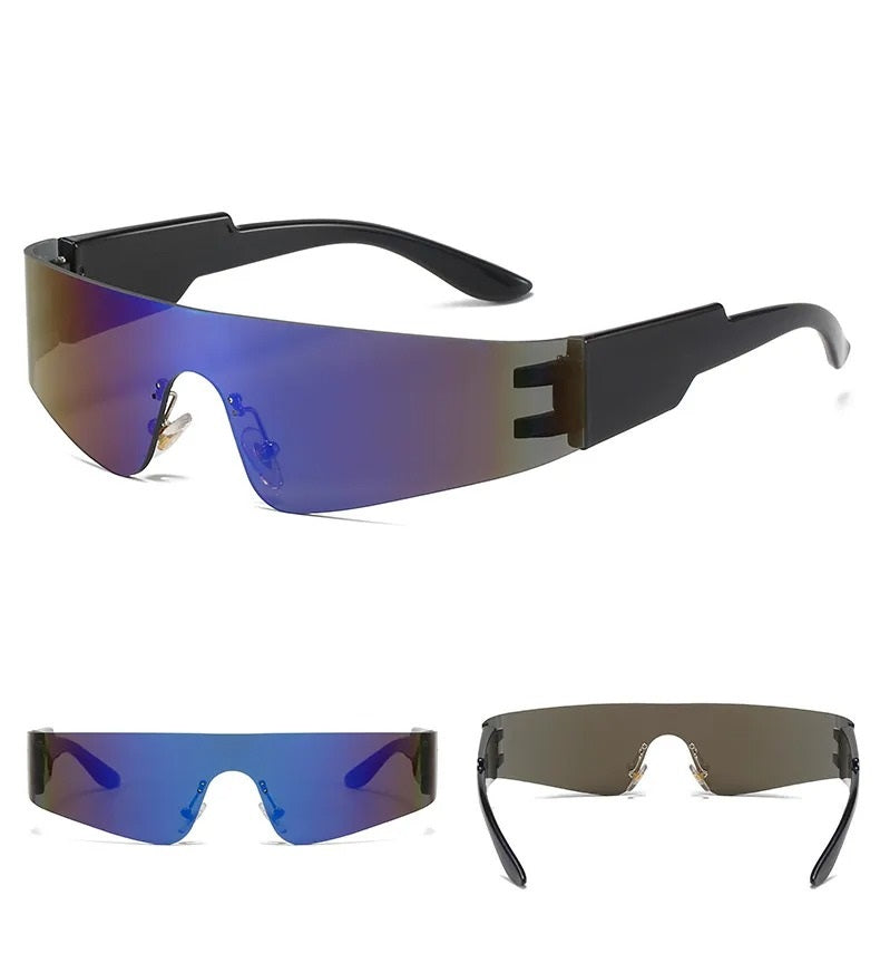 front view rear view and side view of blue visor and black frame techno sunglasses