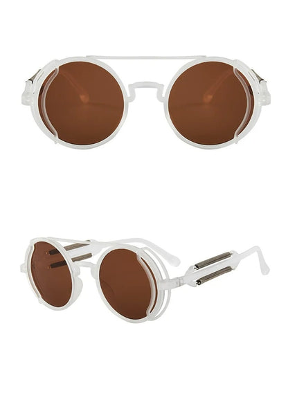 front and side view white round frame brown lens techno rave sunglasses