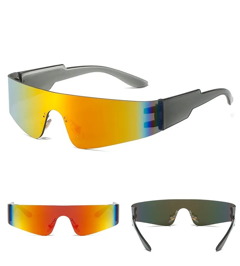 front rear and side view of multicolor visor and grey frame techno sunglasses