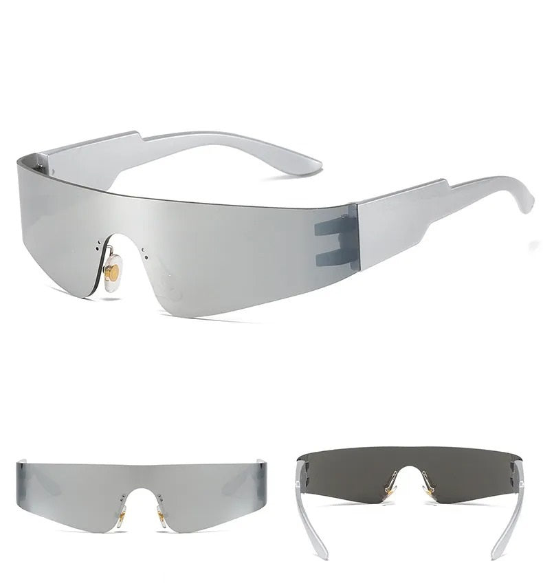 front rear side view of silver visor and silver frame techno sunglasses