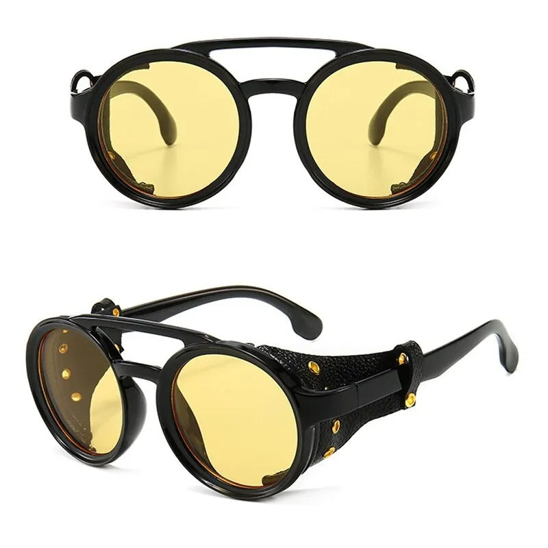 front view and side view of black round sunglasses with yellow lens for techno festival