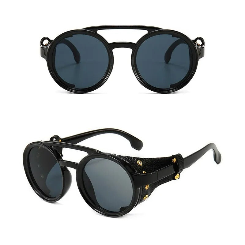 front view and side view of black round sunglasses with black lens for techno festival