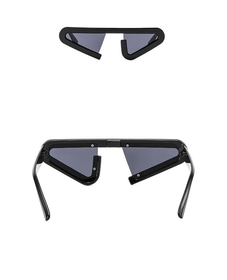 front view and rear view futuristic black cat eye frame shape sunglasses with grey lens techno rave sunglasses