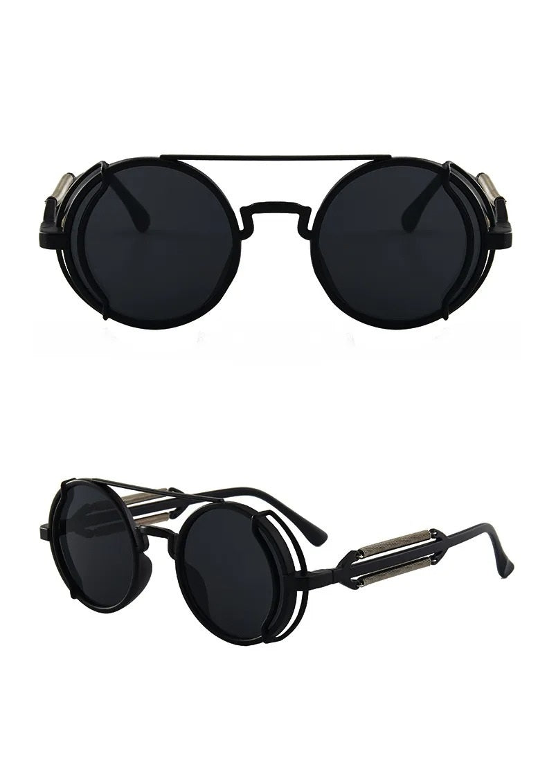 front view and side view black round frame black lens techno sunglasses