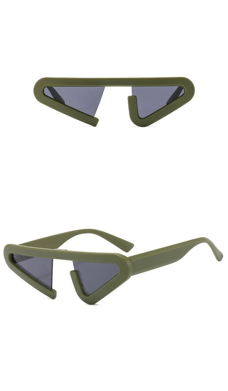 front view and side view futuristic green cat eye frame shape sunglasses with grey lens techno rave sunglasses