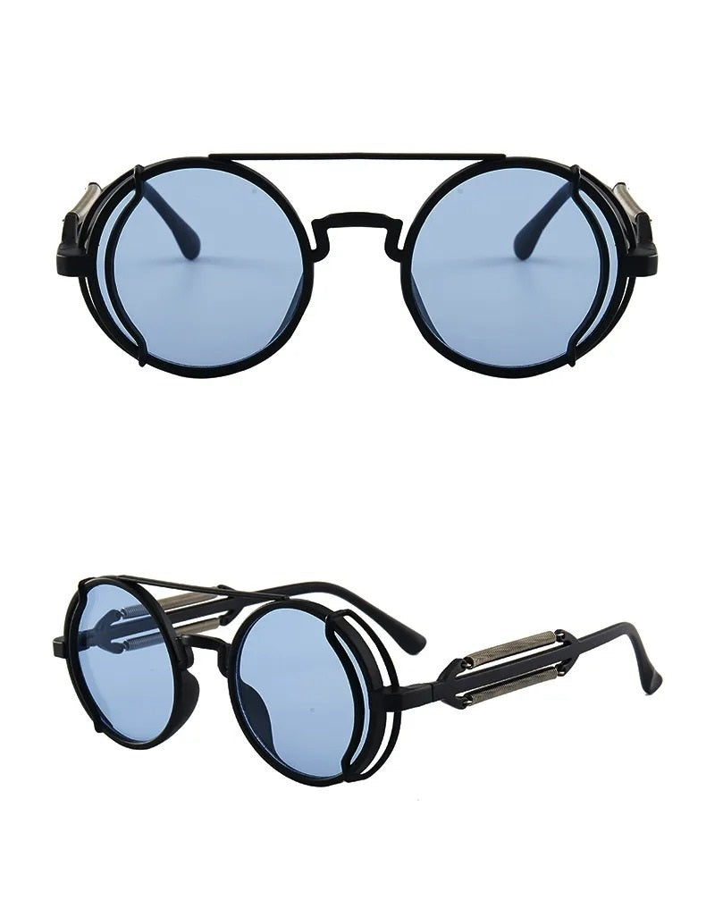 Front view and side view of black round frame blue lens techno sunglasses