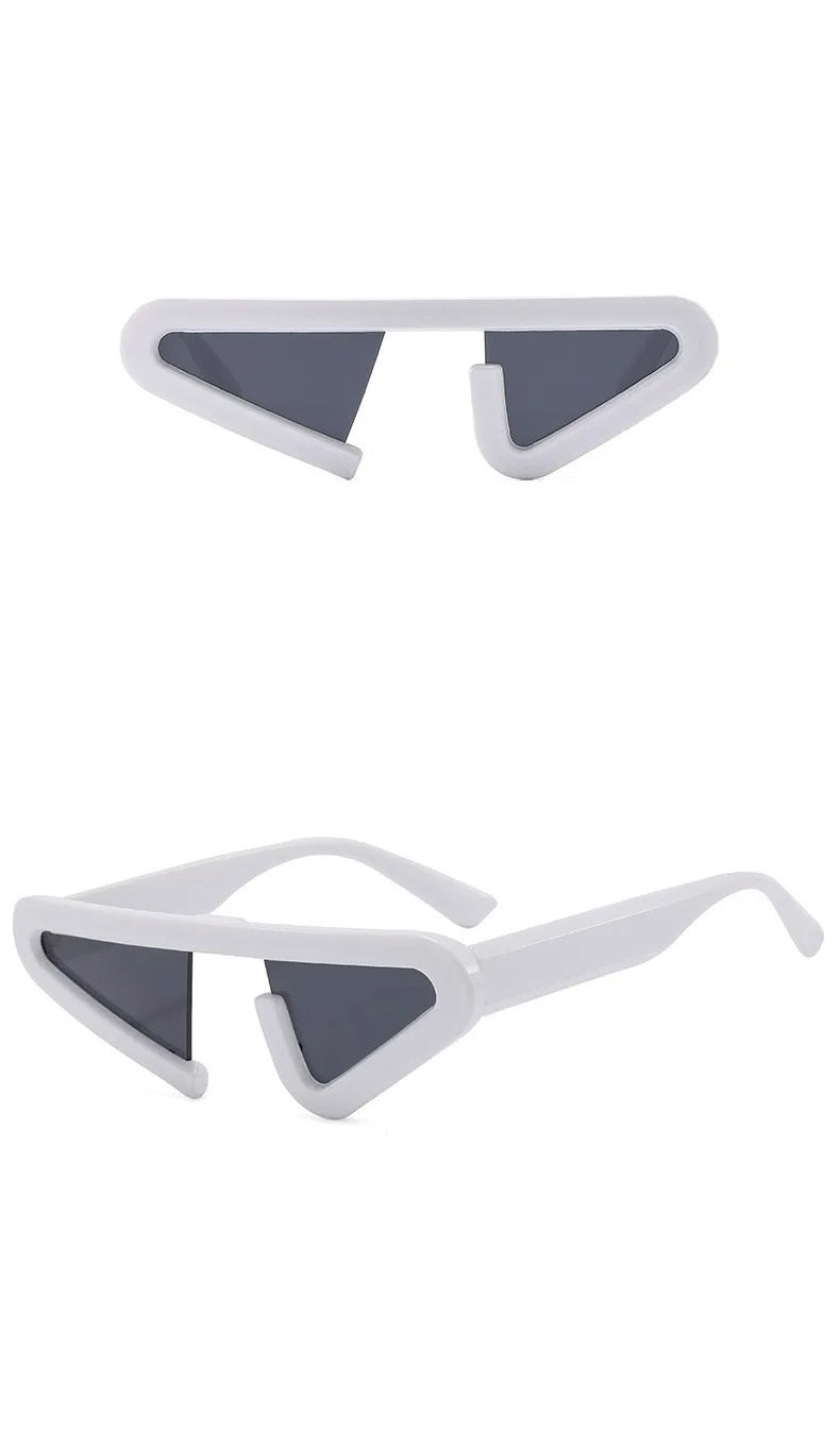 front view and side view futuristic white cat eye frame shape sunglasses with grey lens techno rave sunglasses